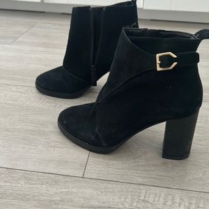 Navy suede booties with gold buckle black heel